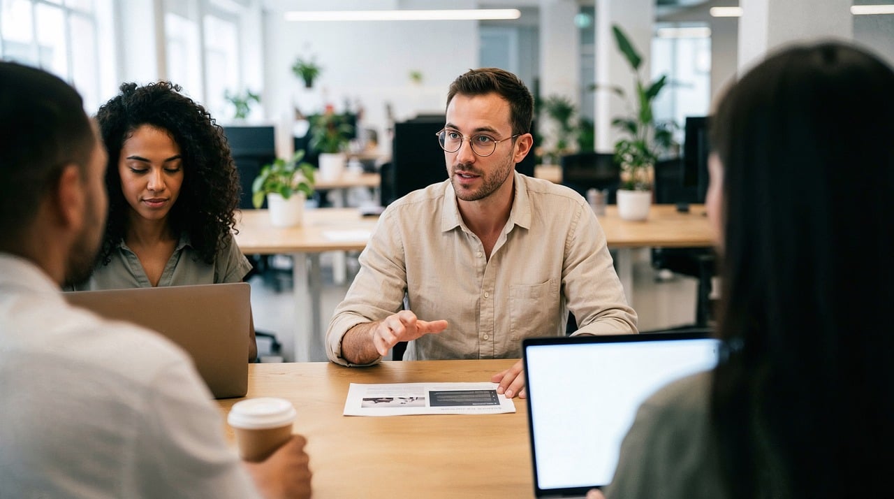 office, business, team, meeting, discussion, collaboration, colleagues, working, diverse, modern, laptops, desk, communication, teamwork, professionals, brainstorming, company, workspace, productive, together, ai generated